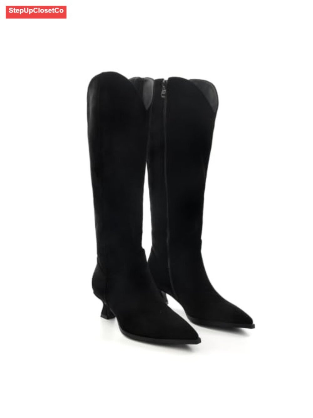 Women's Knee High Kitten Heel Pointed Toe Faux Suede Boots Wide Calf Zip Up